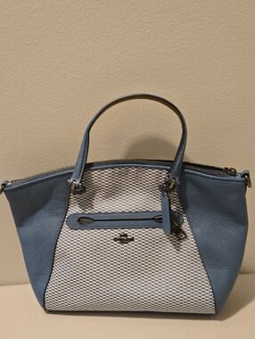 Coach Light Blue Pebbled Leather Satchel with White Woven Front